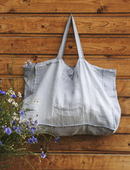 Ice Blue linen beach bag with pocket