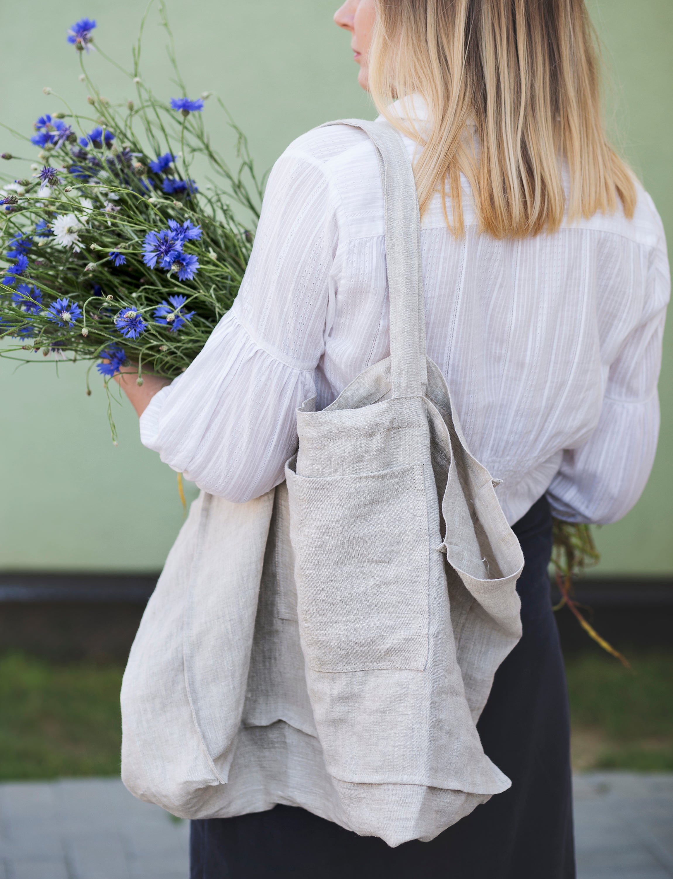 White linen beach bag