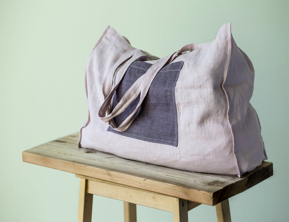 Pale Pink linen beach bag with two tones