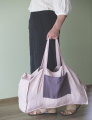 Pale Pink linen beach bag with two tones