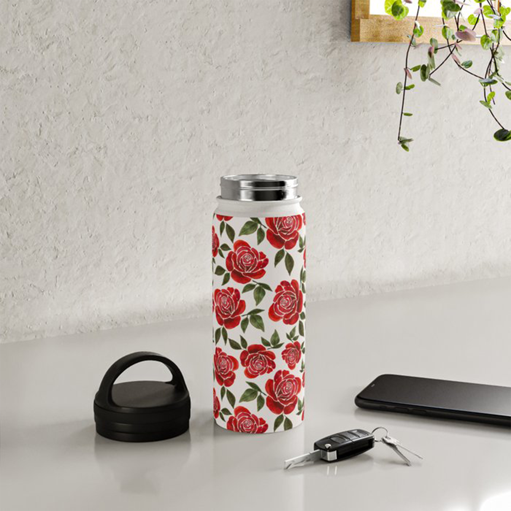 Rose Watercolor Handle Lid Water Bottle