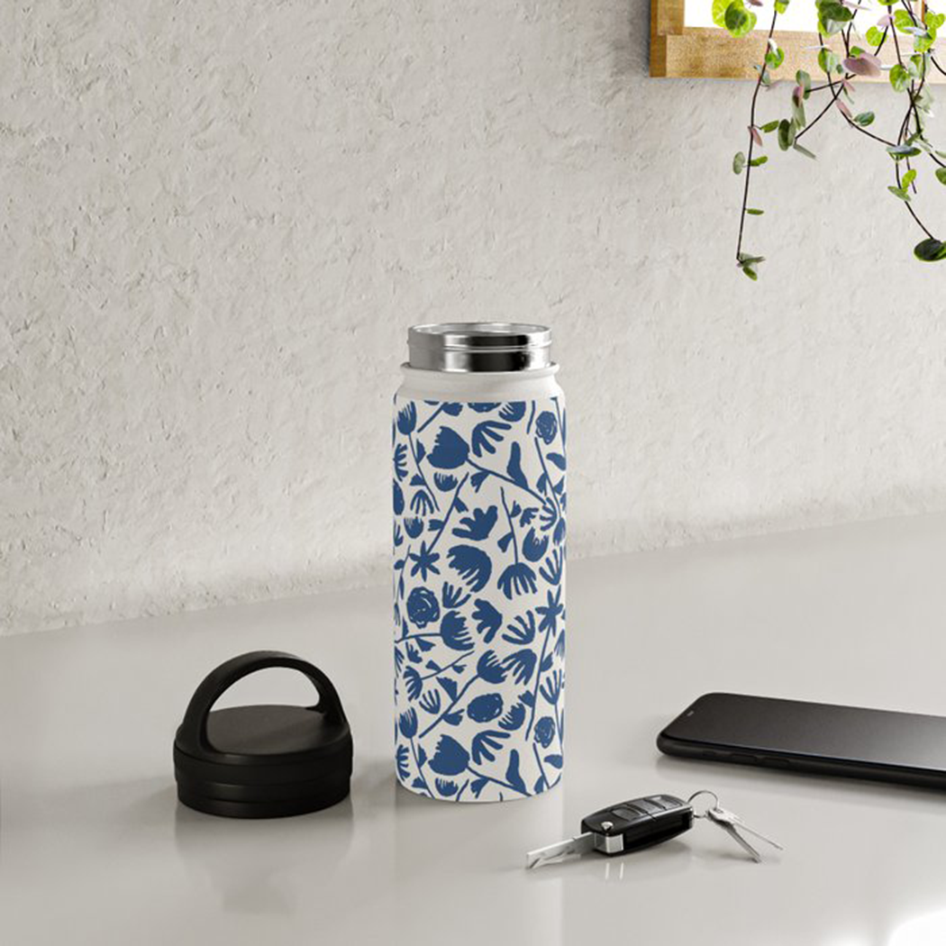 Dark Blue Floral Handle Lid Water Bottle