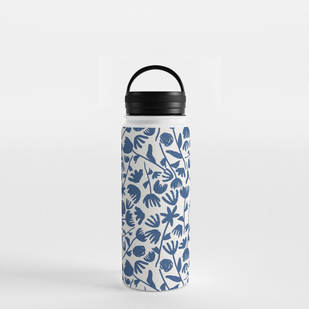 Dark Blue Floral Handle Lid Water Bottle