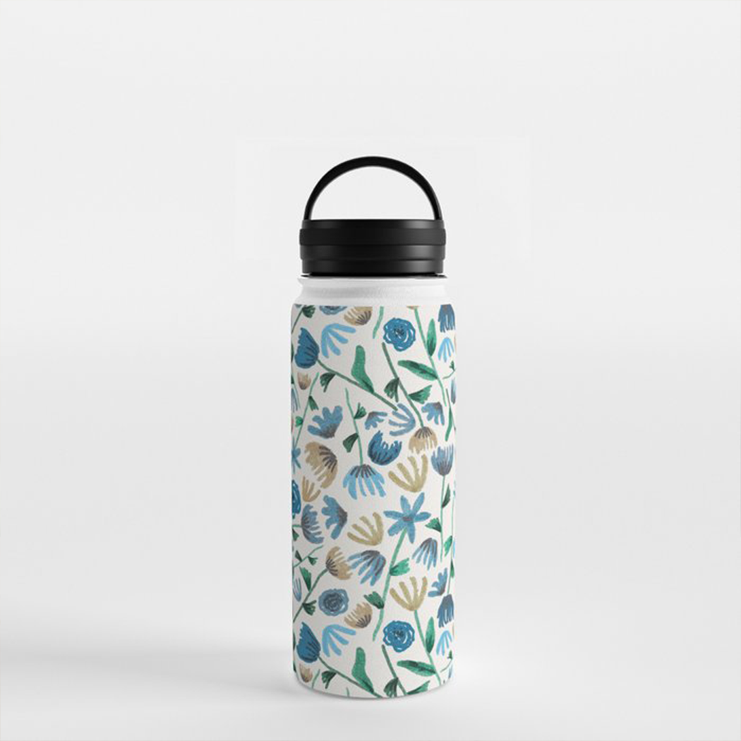 Blue Ink Floral Handle Lid Water Bottle