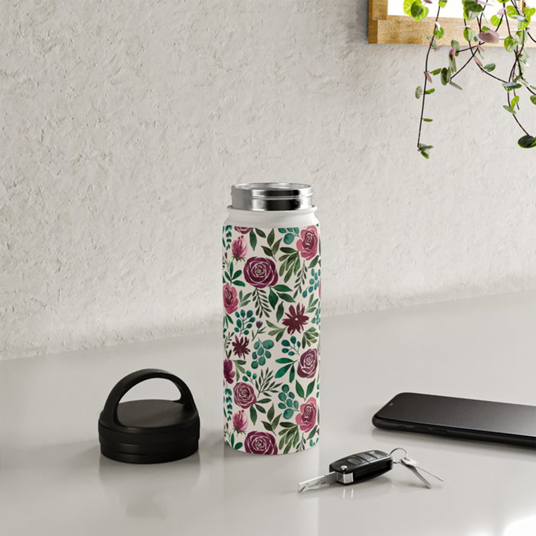 Deep Magenta Floral Eucalyptus Handle Lid Water Bottle