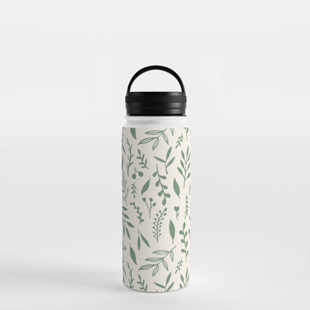 Green Falling Leaves Handle Lid Water Bottle