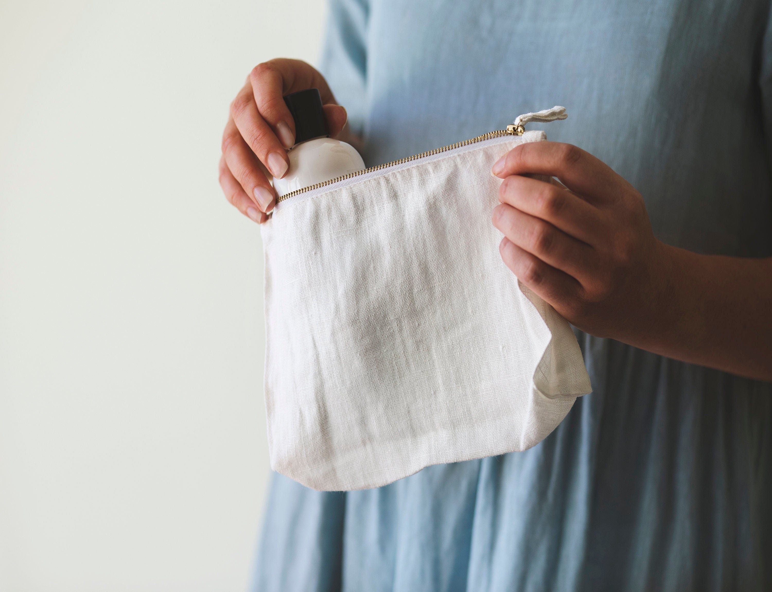 Natural and White check linen cosmetic bag