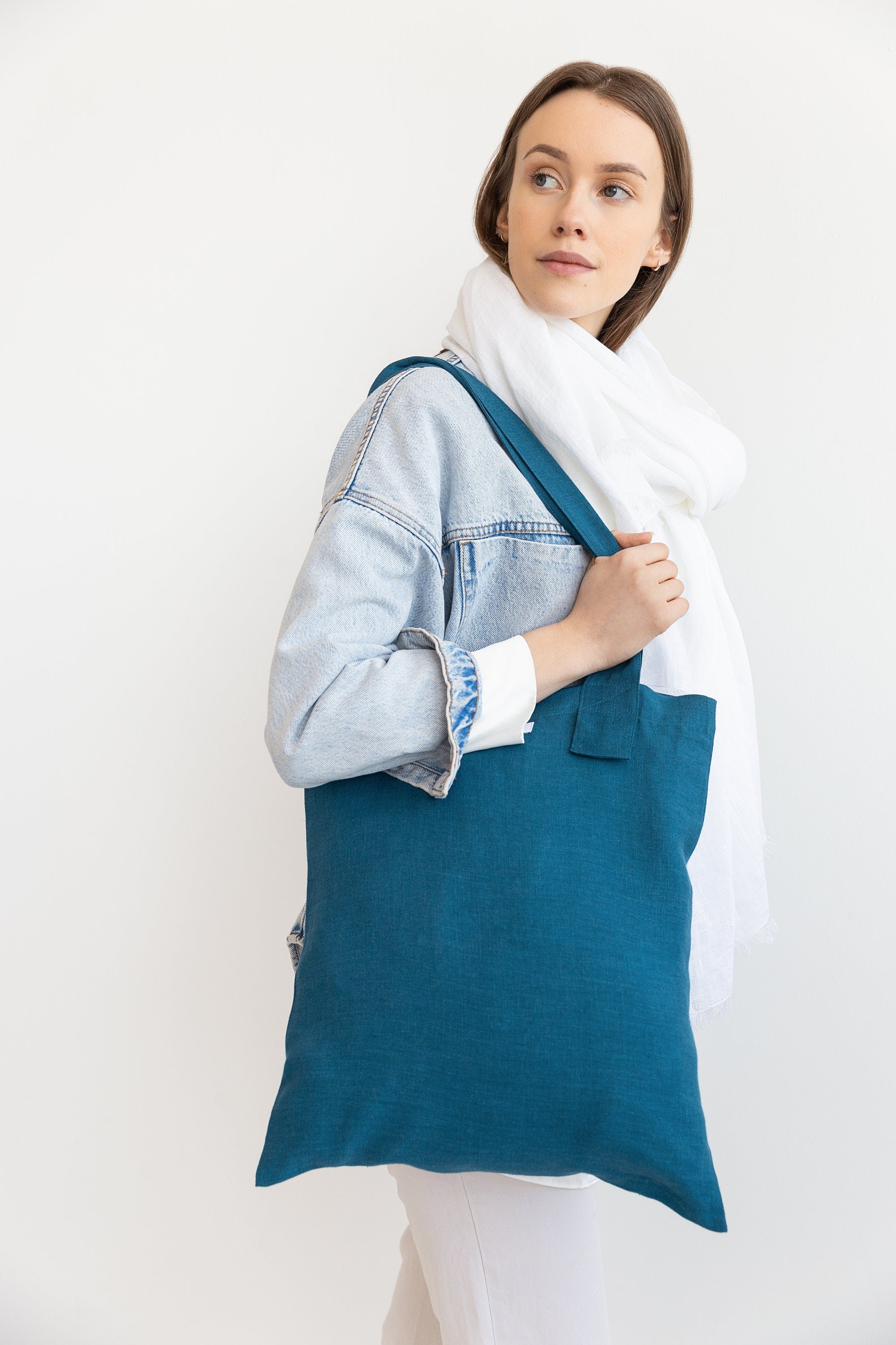 Dark Sea Blue linen large tote bag