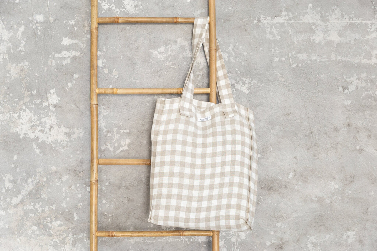 White and Natural check linen weekender bag