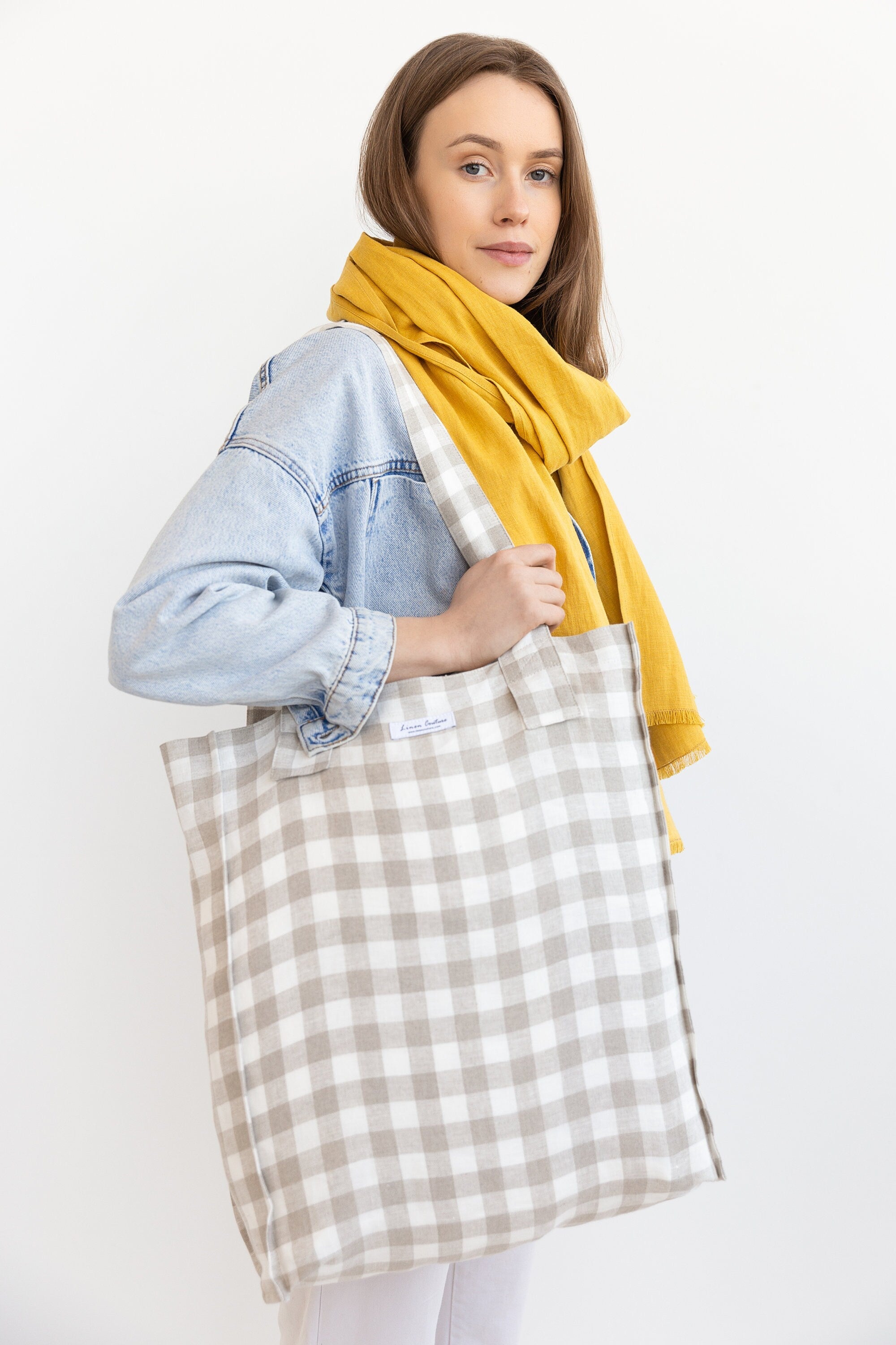 White and Natural check linen weekender bag