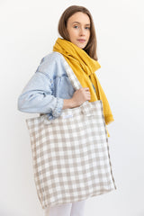 White and Natural check linen weekender bag