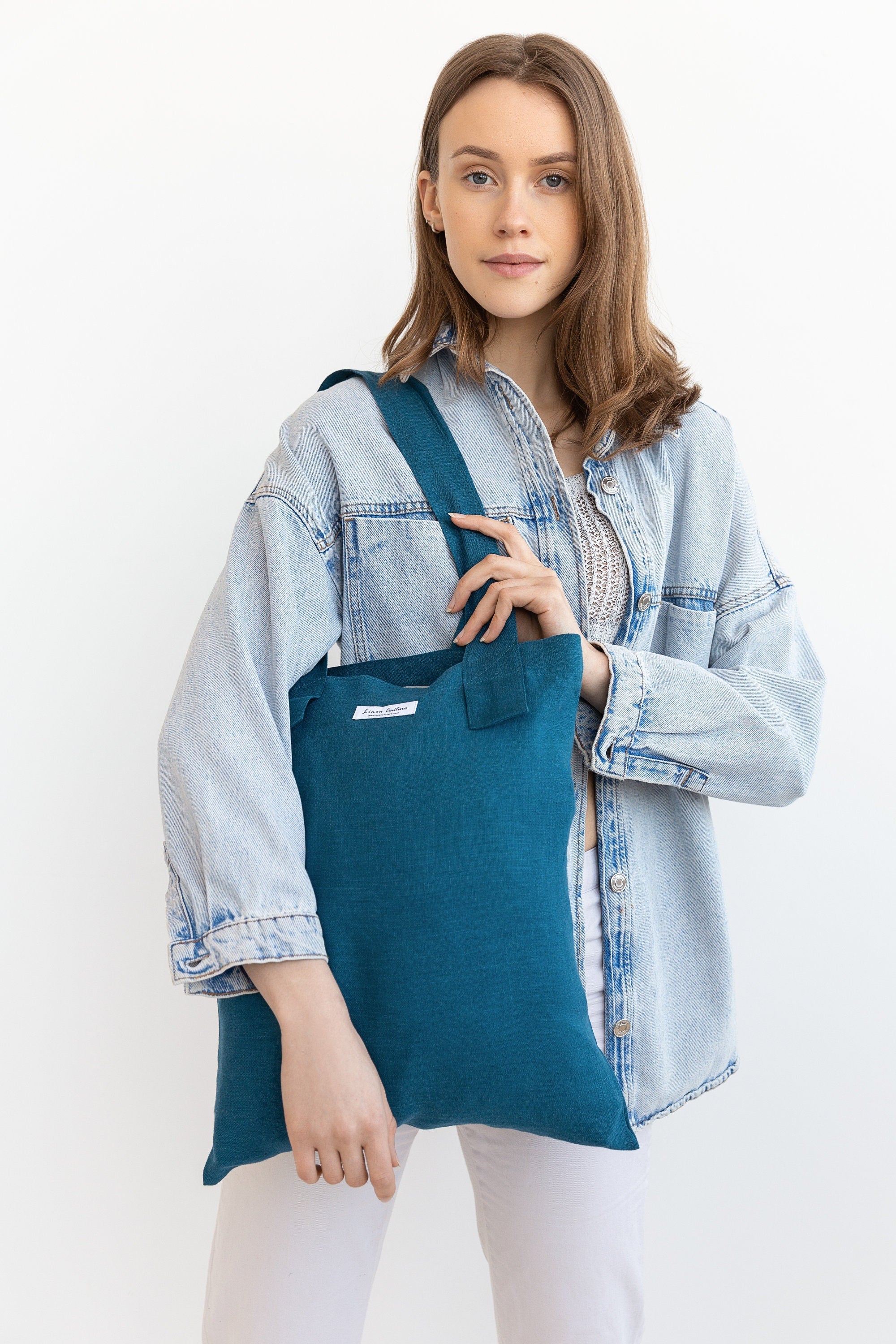 Dark Sea Blue linen large tote bag