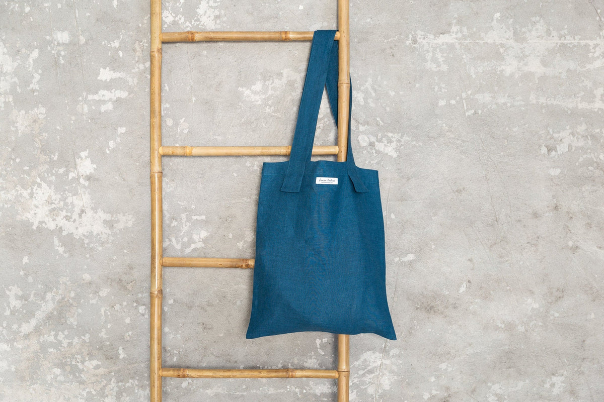 Dark Sea Blue linen large tote bag