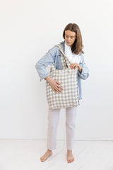 White and Natural check linen weekender bag