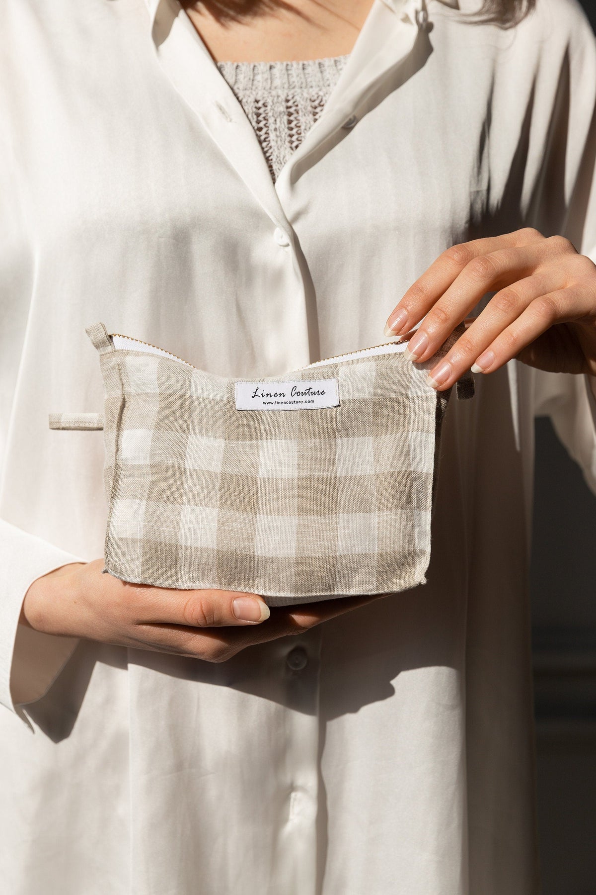 Natural and White check linen cosmetic bag