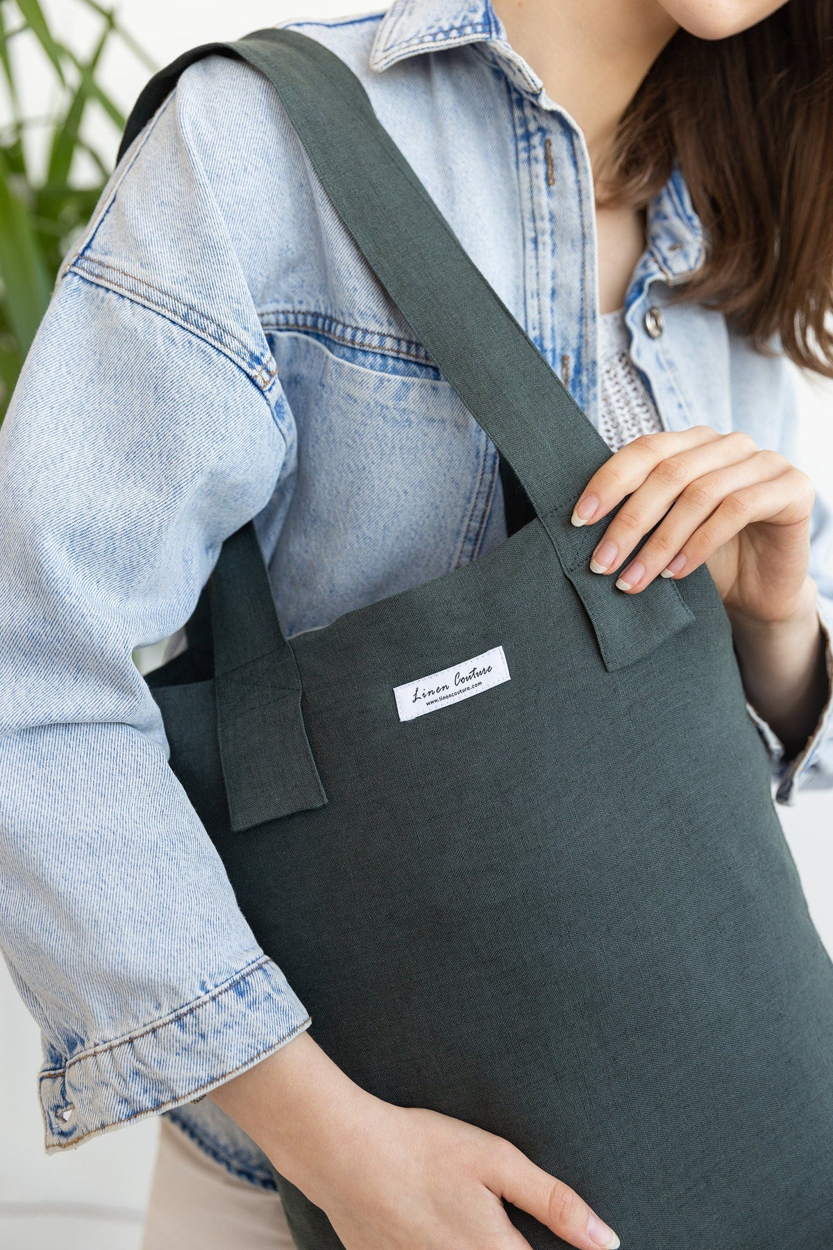 Greyish Green linen large tote bag