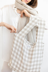 Natural and White check linen tote bag with inside pocket