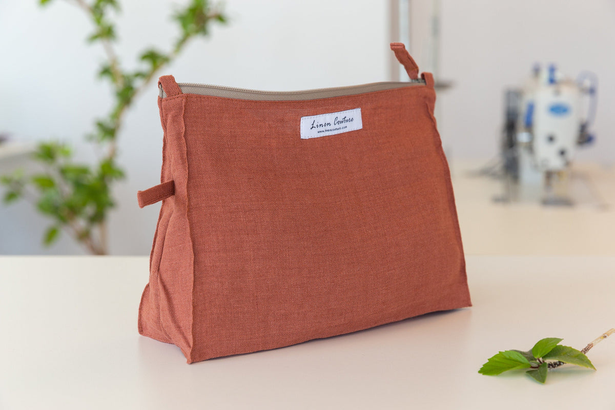 Reddish Brown linen large cosmetic bag