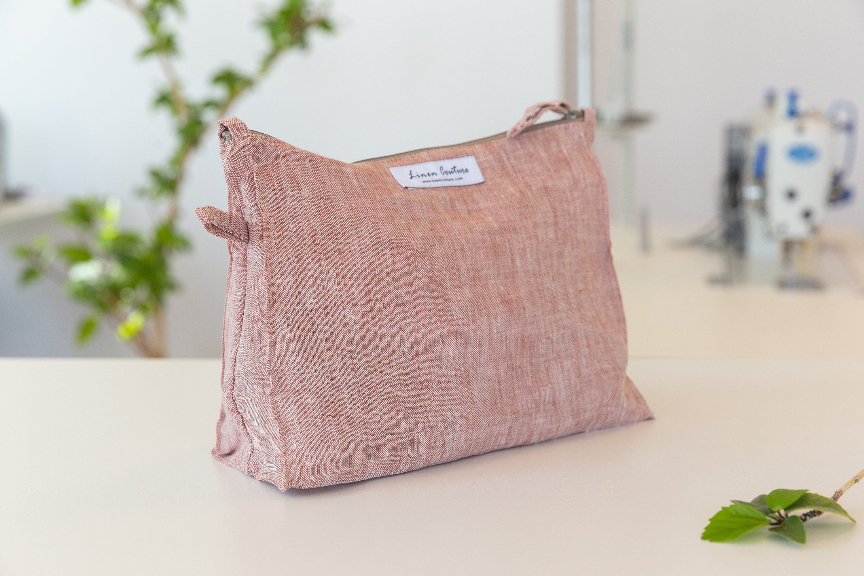 Reddish Brown linen large cosmetic bag