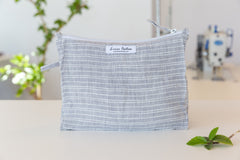 Cloudy Grey Stripe linen large makeup bag