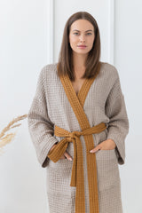 Natural and Amber linen waffle robe two tones