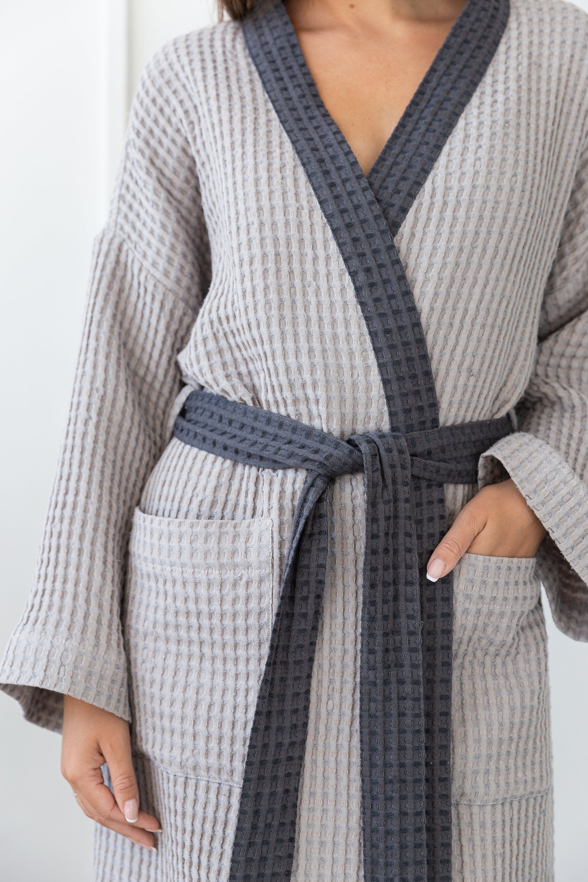 Light Grey and Grey linen waffle robe two tones