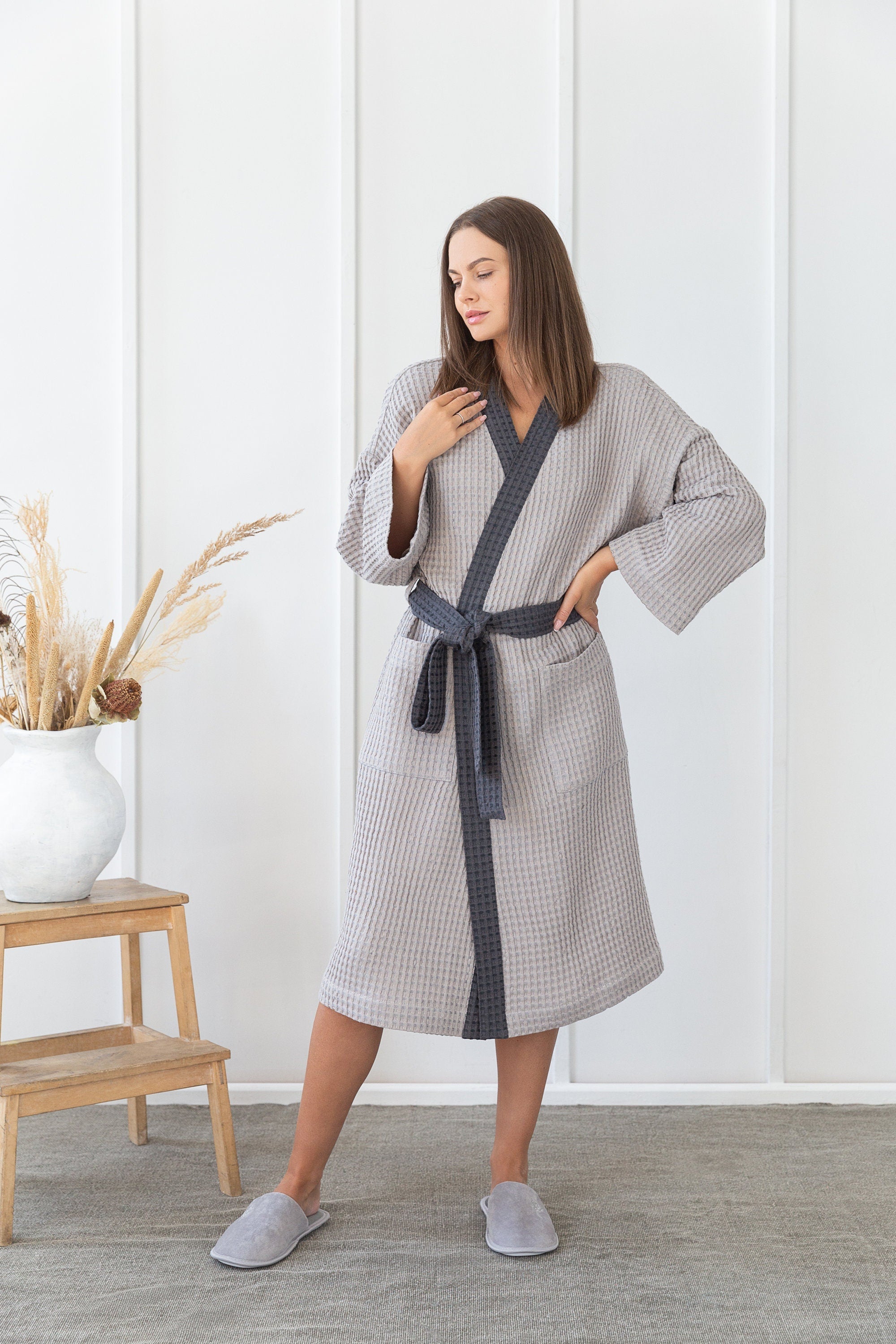 Light Grey and Grey linen waffle robe two tones