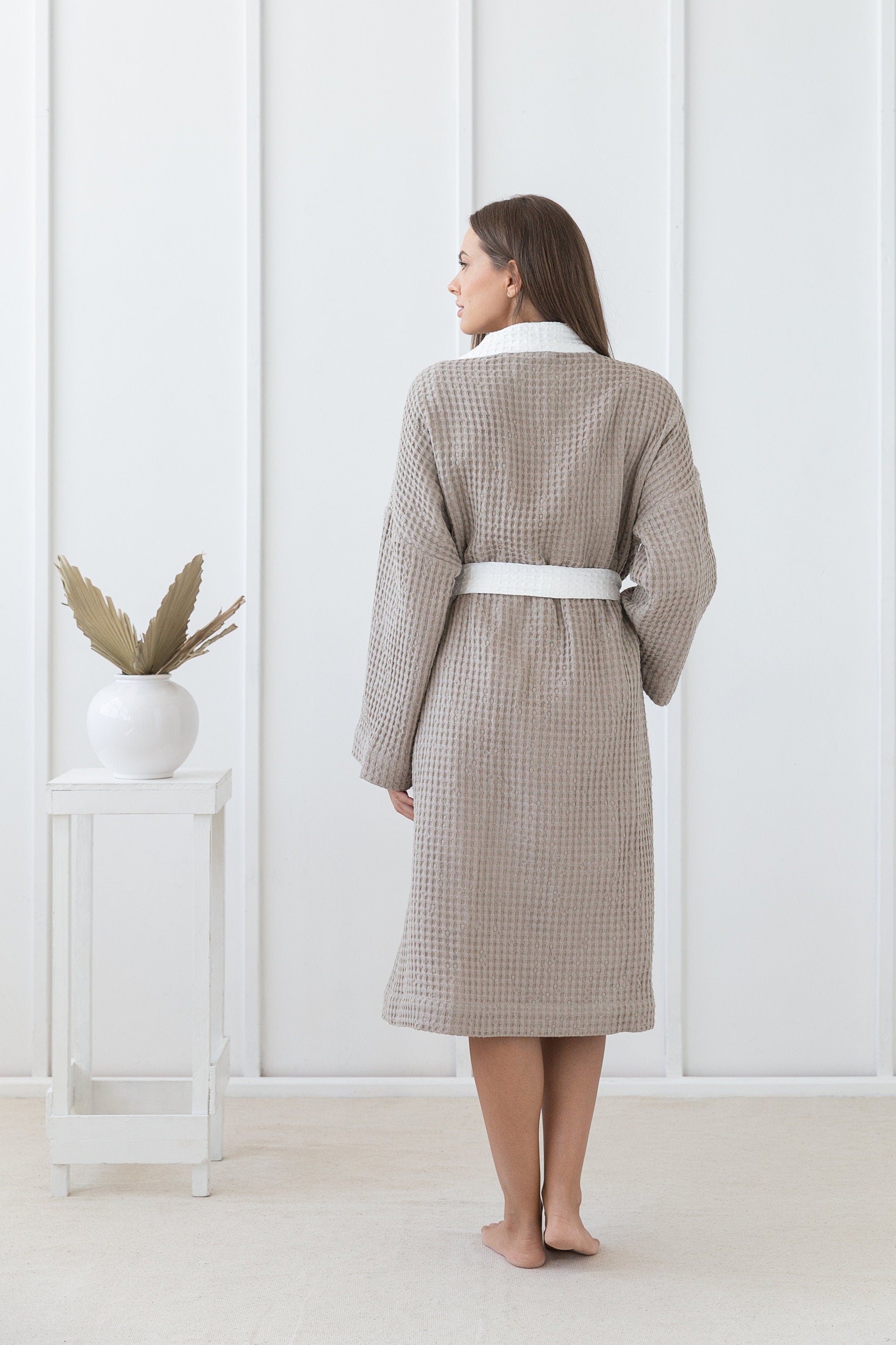 Natural and White linen waffle robe two tones