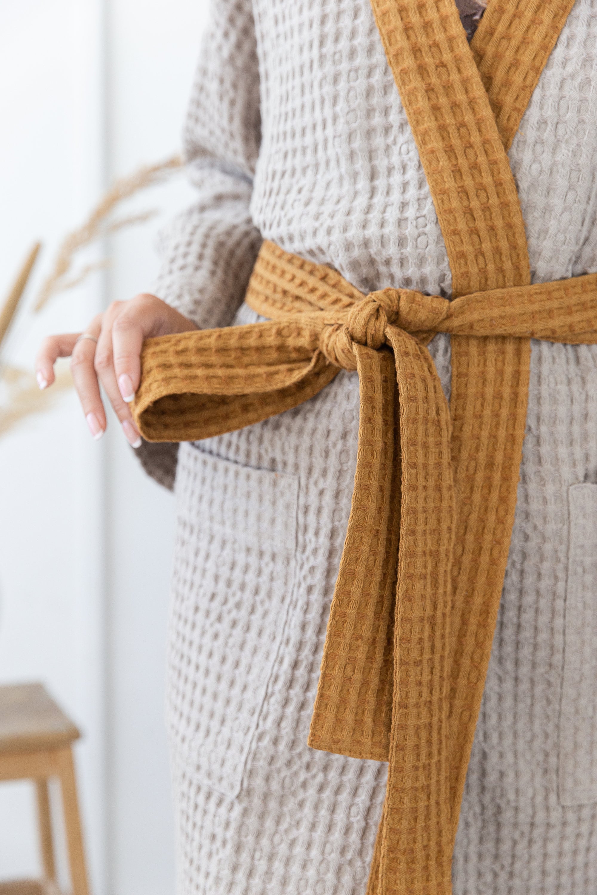 Natural and Amber linen waffle robe two tones