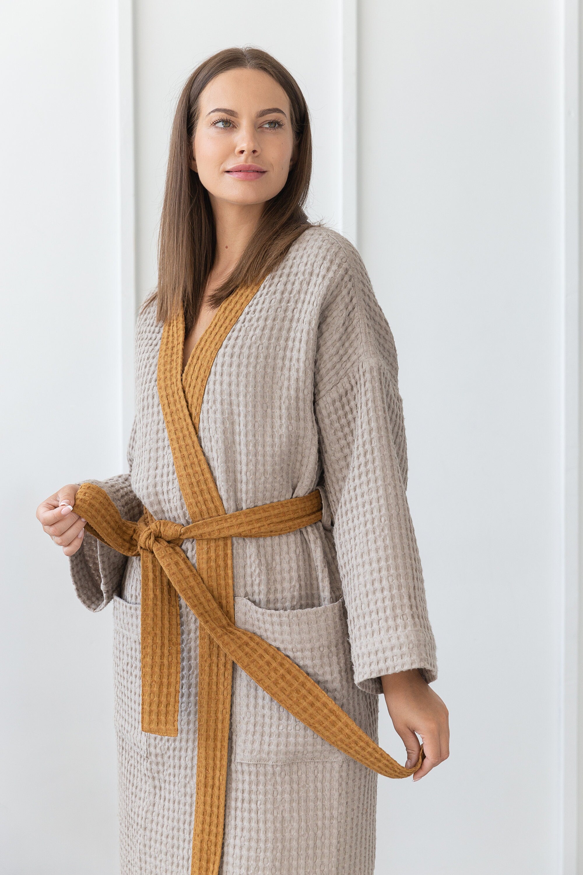 Natural and Amber linen waffle robe two tones