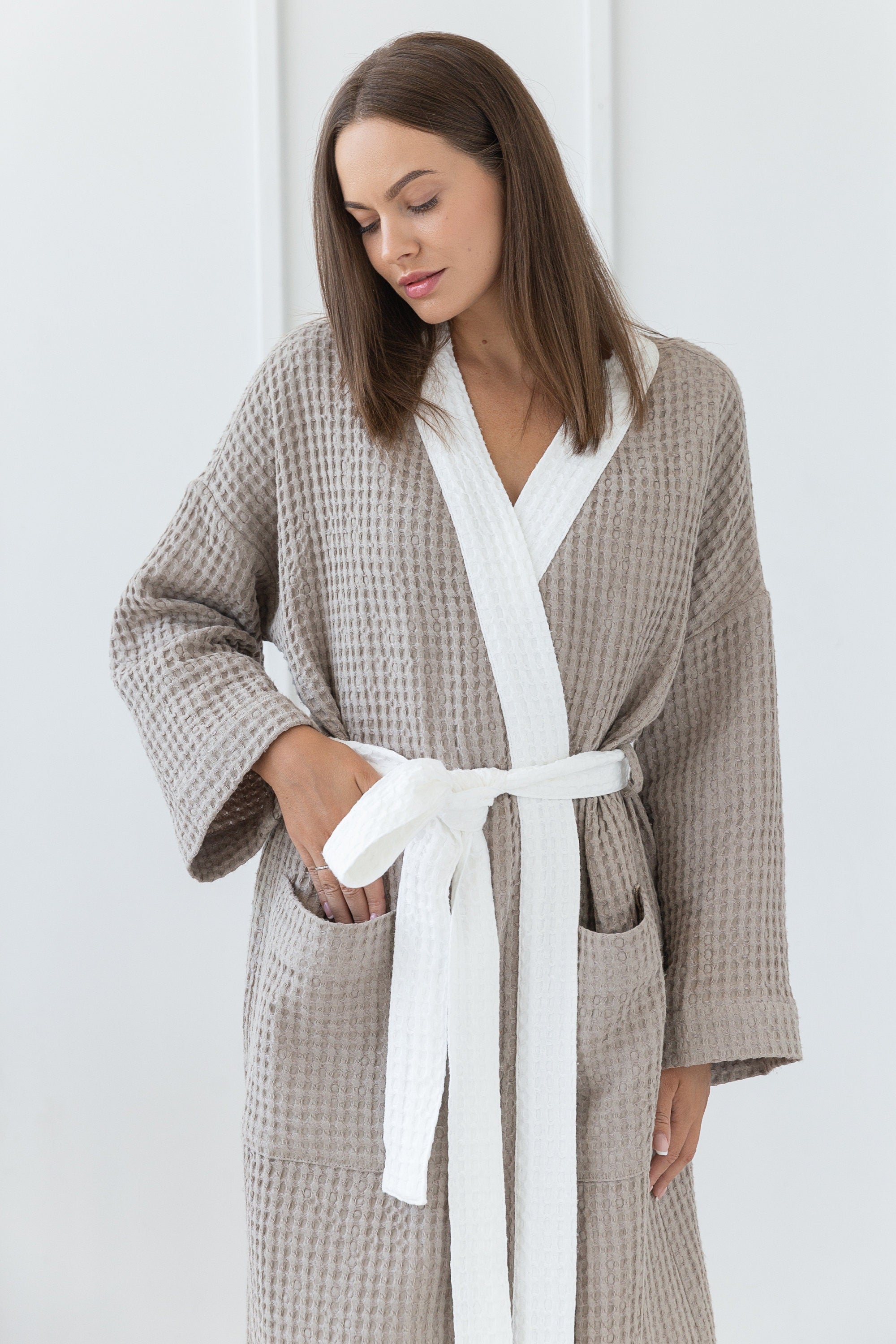 Natural and White linen waffle robe two tones