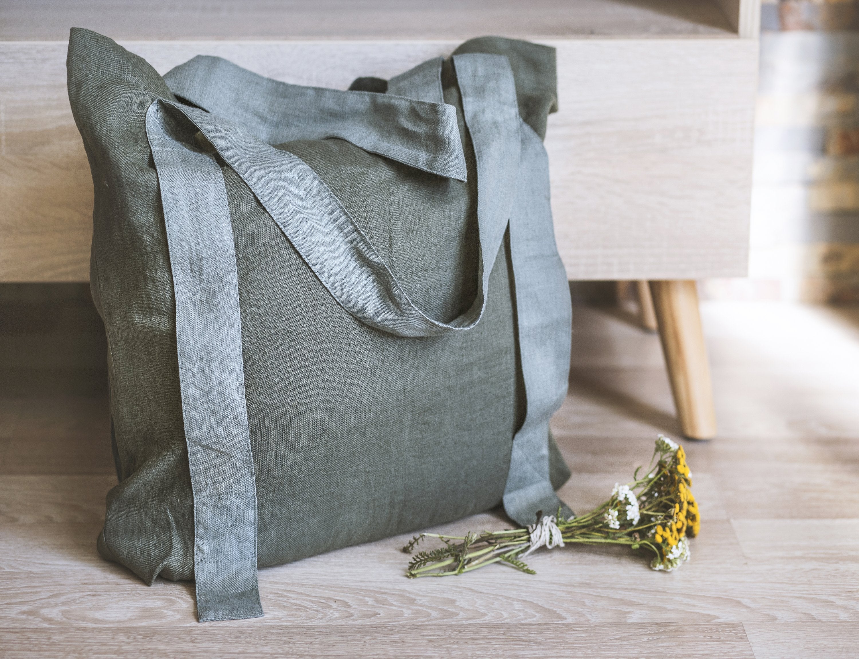 Safari Green and Greyish Mint linen canvas bag with two tones