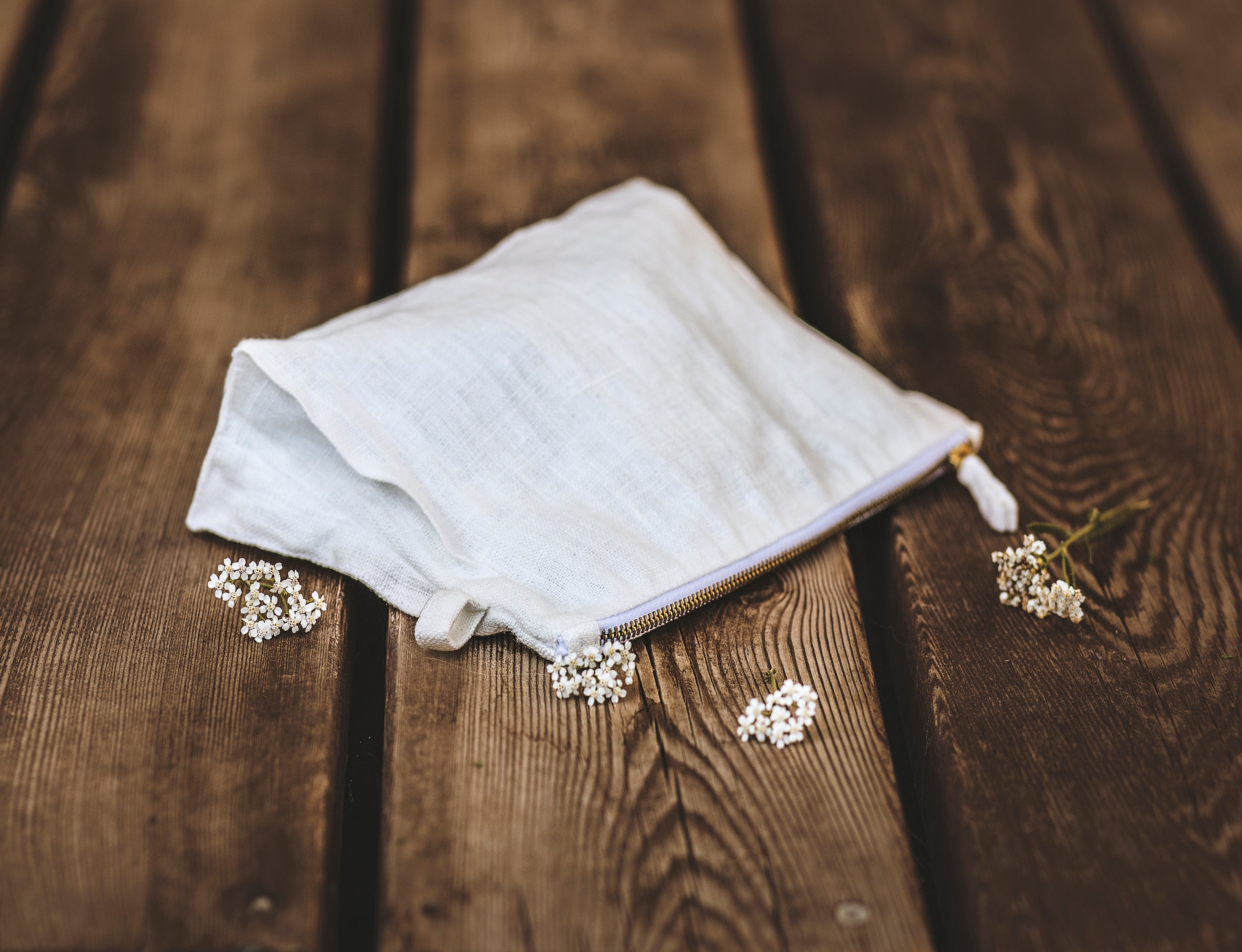 Natural and White check linen cosmetic bag