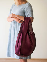 Dark Plum linen tote bag with inside pocket