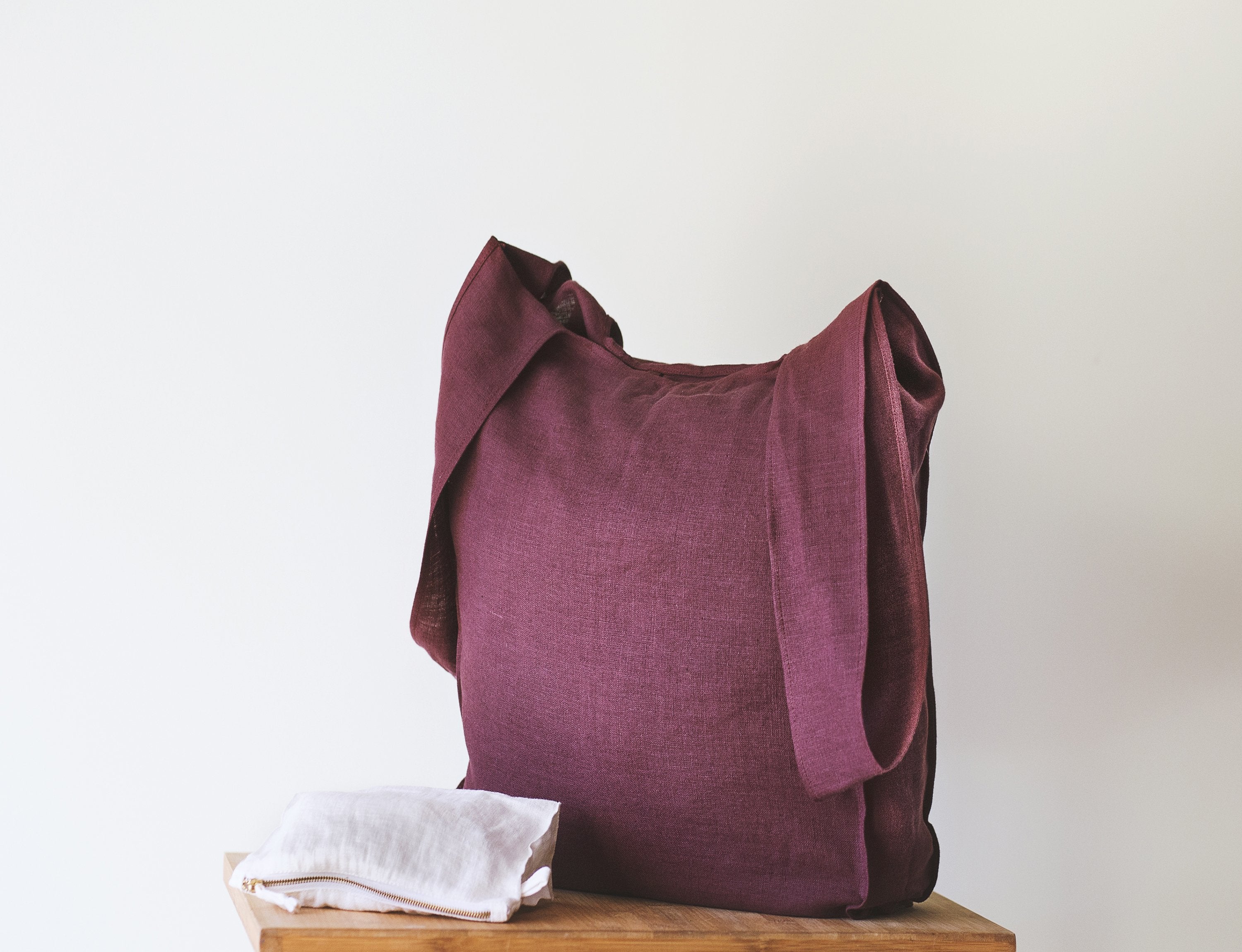 Deep Rose linen tote bag with inside pocket