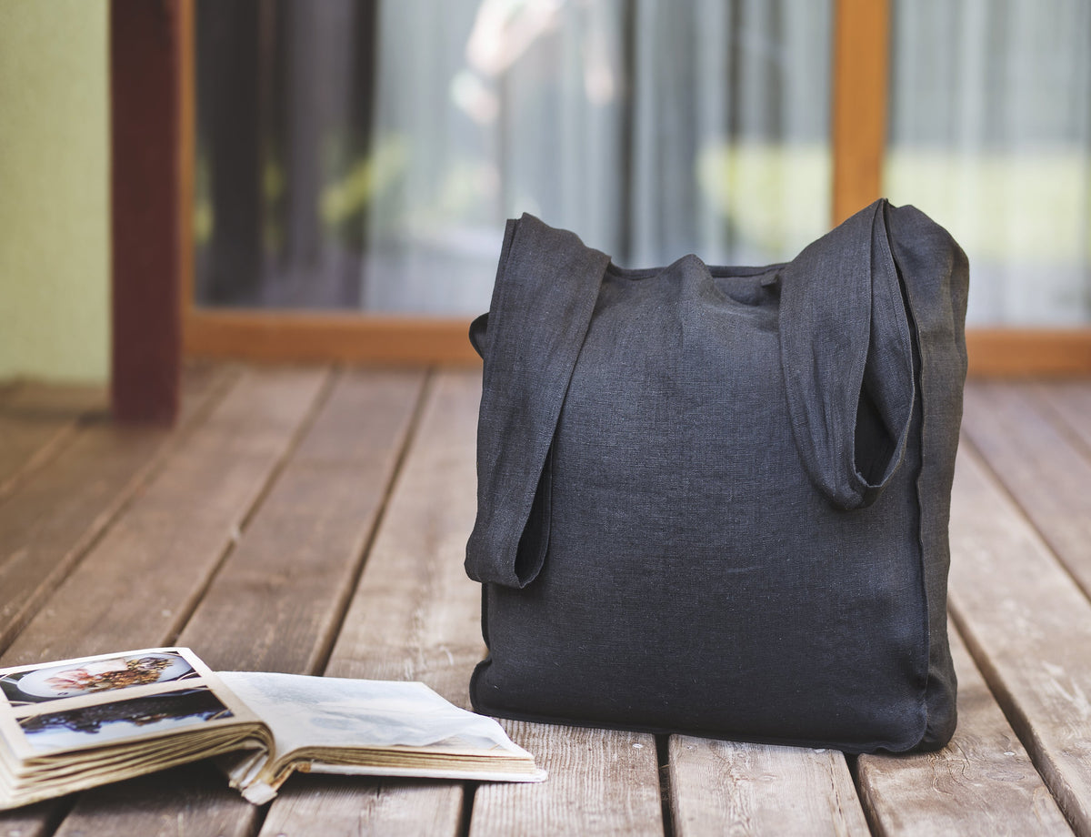 Black linen tote bag with inside pocket