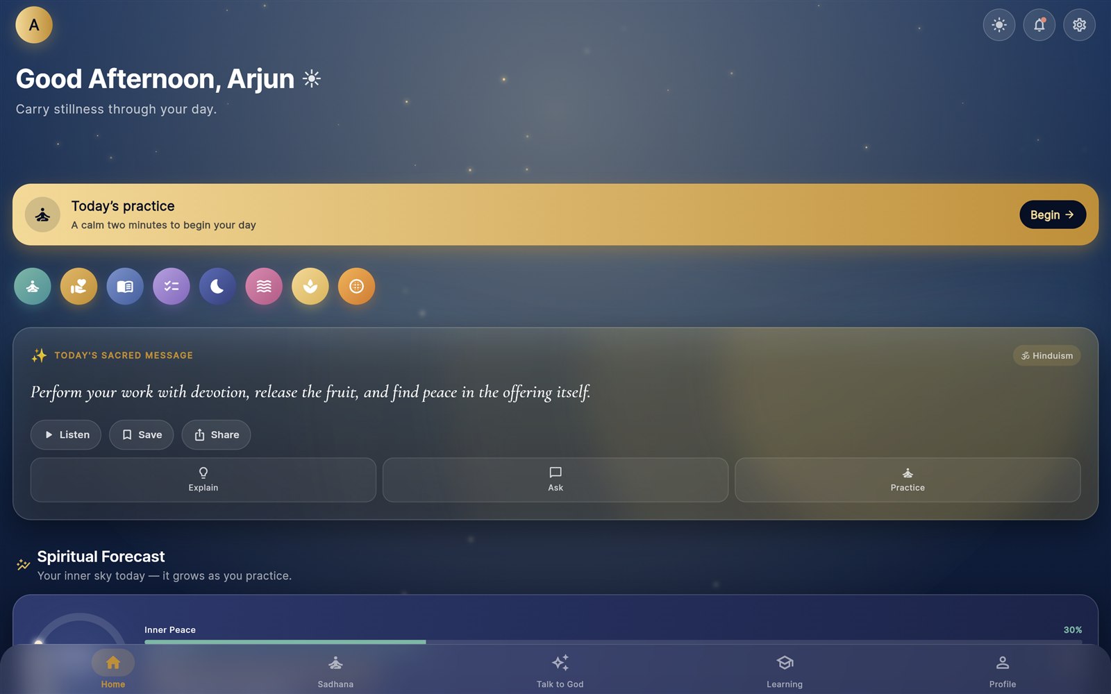 SattvAI home on desktop: a starry night sky, a gold Today's Practice banner, and the day's sacred message with Listen, Save, and Share