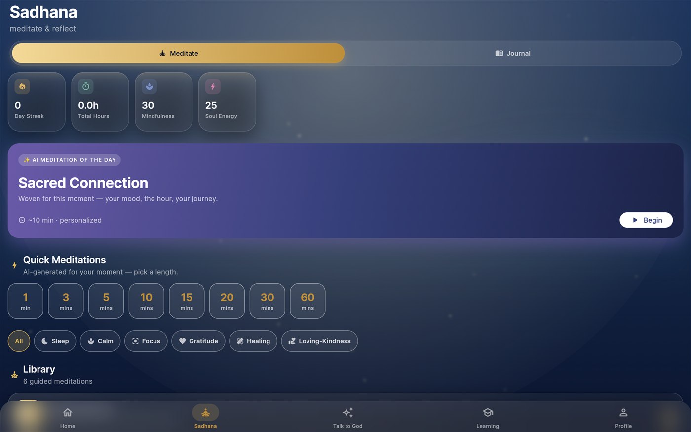 Sadhana on desktop: streak and mindfulness stats, the AI Meditation of the Day 'Sacred Connection', and quick meditations from 1 to 60 minutes