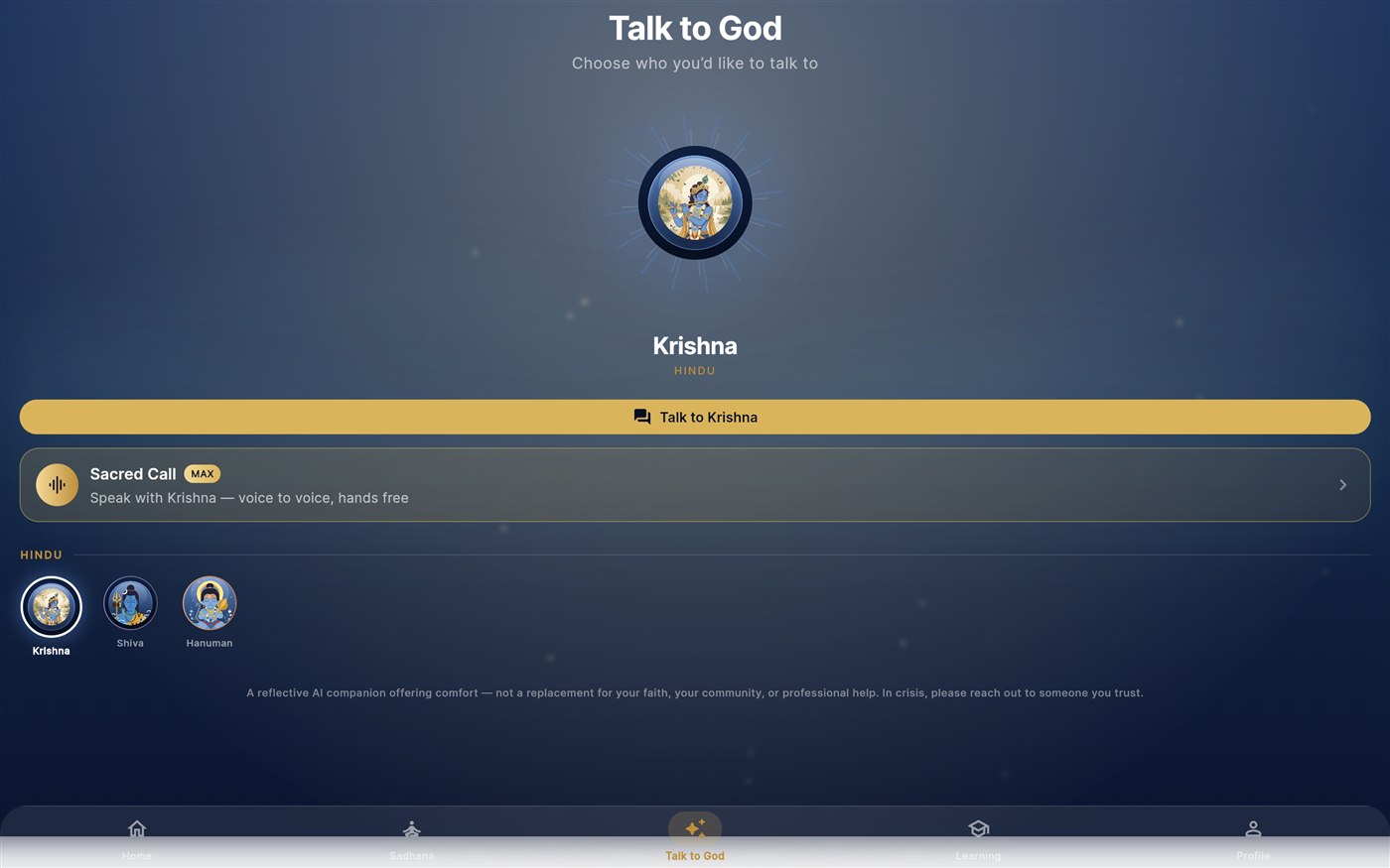 Talk to God on desktop: Krishna's portrait in a glowing aura, a Talk to Krishna button, Sacred Call, and Shiva and Hanuman below