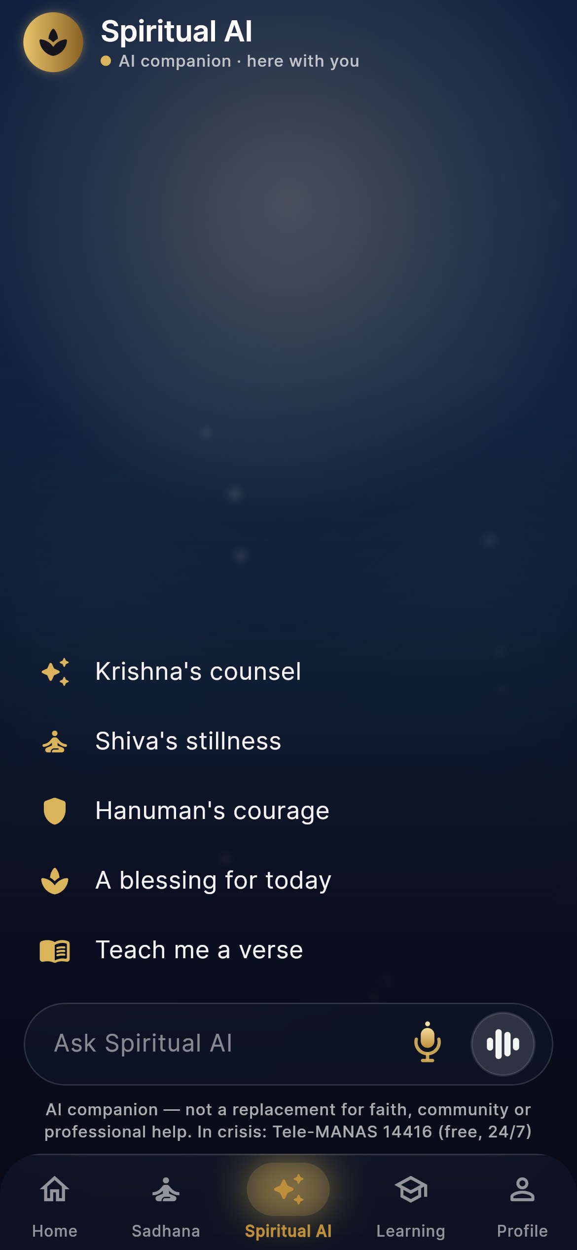 The Spiritual AI tab: a calm night sky, five gentle ways to begin — Krishna's counsel, Shiva's stillness, Hanuman's courage, a blessing for today, teach me a verse — and the Ask Spiritual AI field