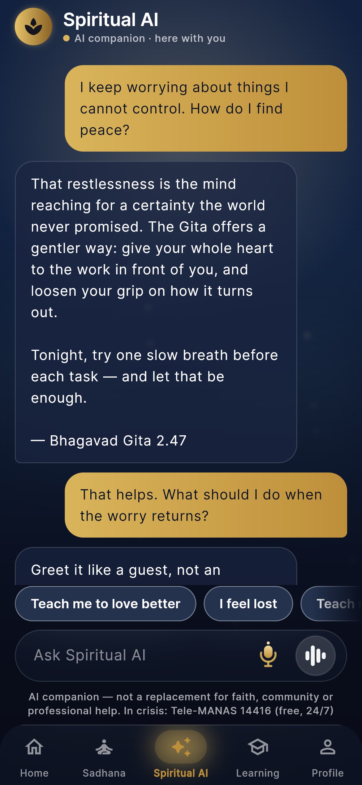 A conversation with Spiritual AI about worry: a gentle answer drawn from the Gita that closes with the citation Bhagavad Gita 2.47