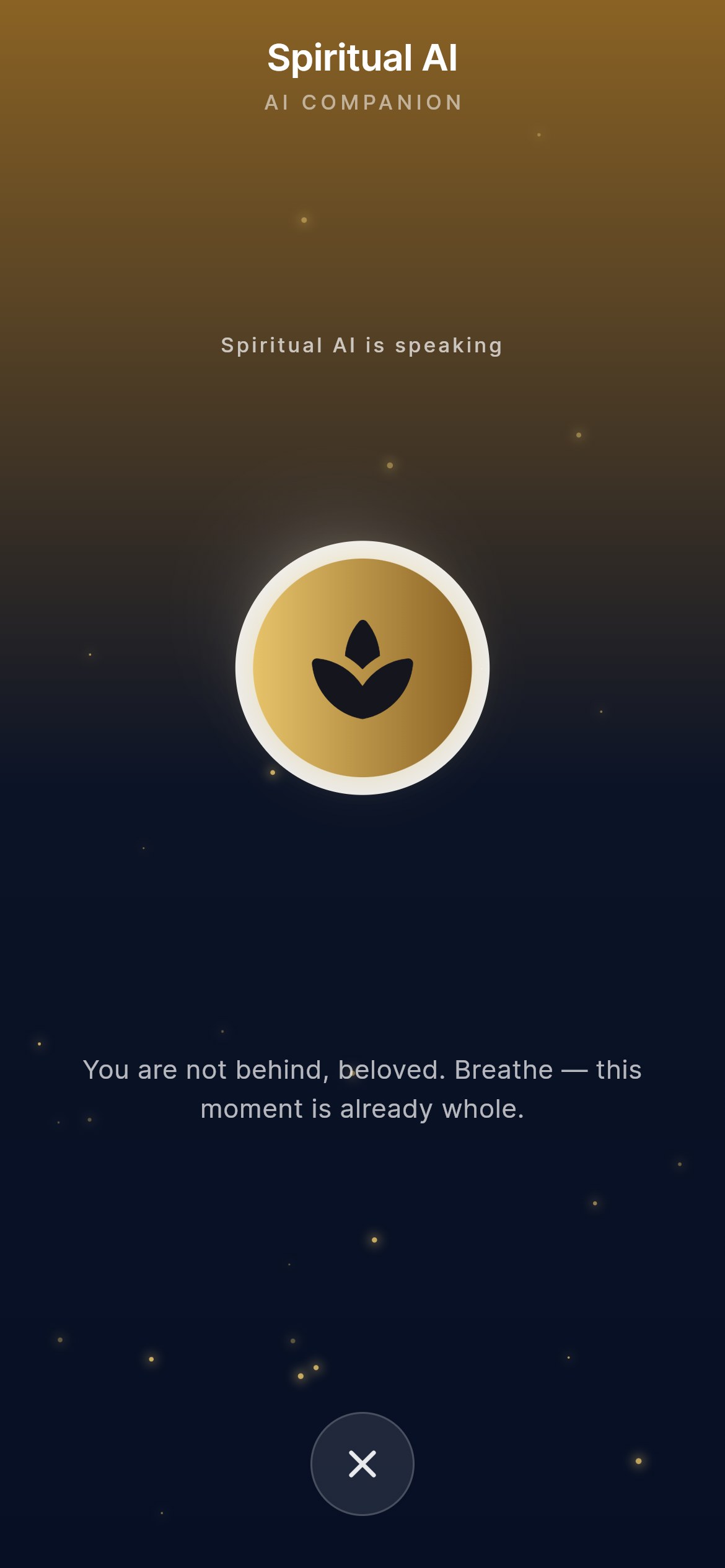 Voice mode: a golden lotus emblem glowing while Spiritual AI speaks its reply aloud