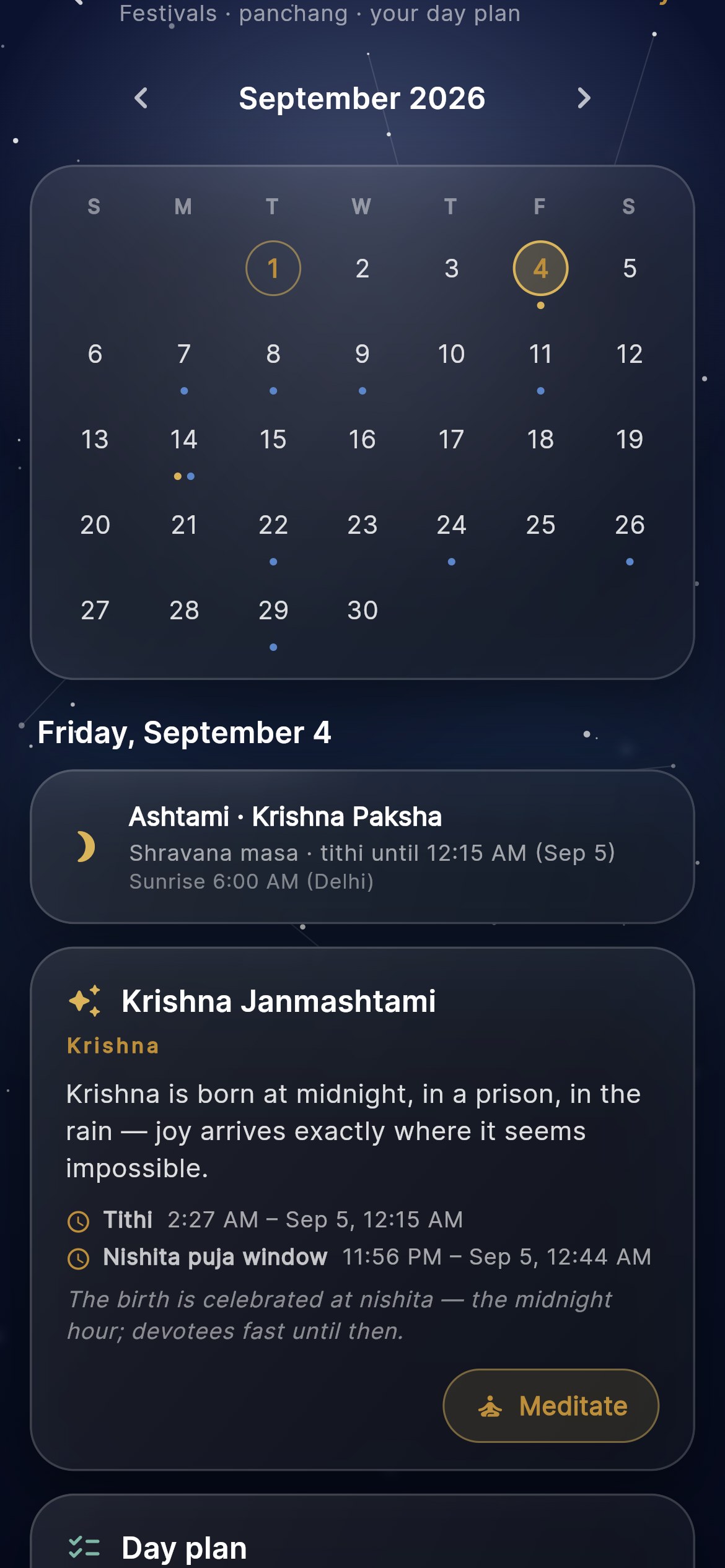 Sacred Calendar: a month grid marked with festivals and observances, the day's tithi with exact timings, and a festival card with a Meditate button