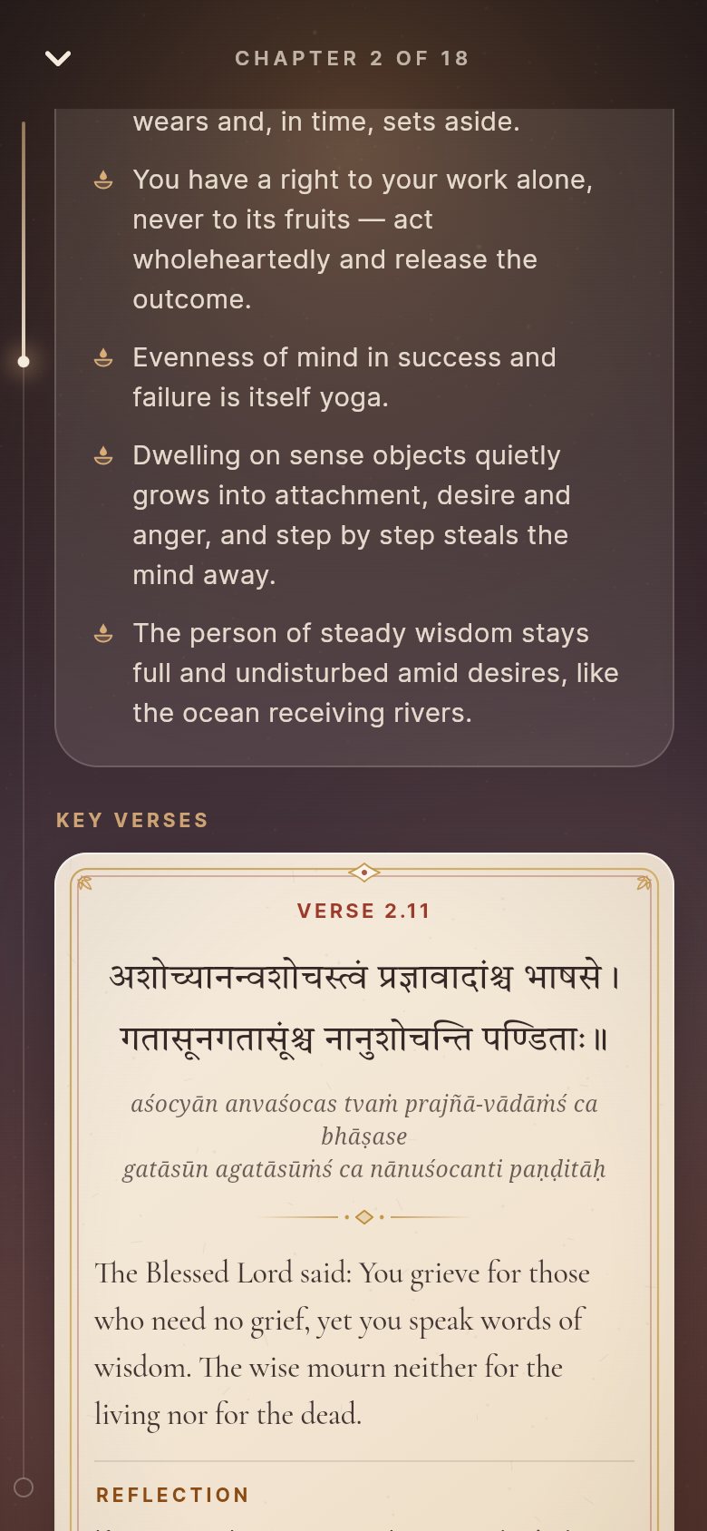 A Gita chapter: its number in a medallion, verse plates with Sanskrit and translation, and the Mark lesson complete button