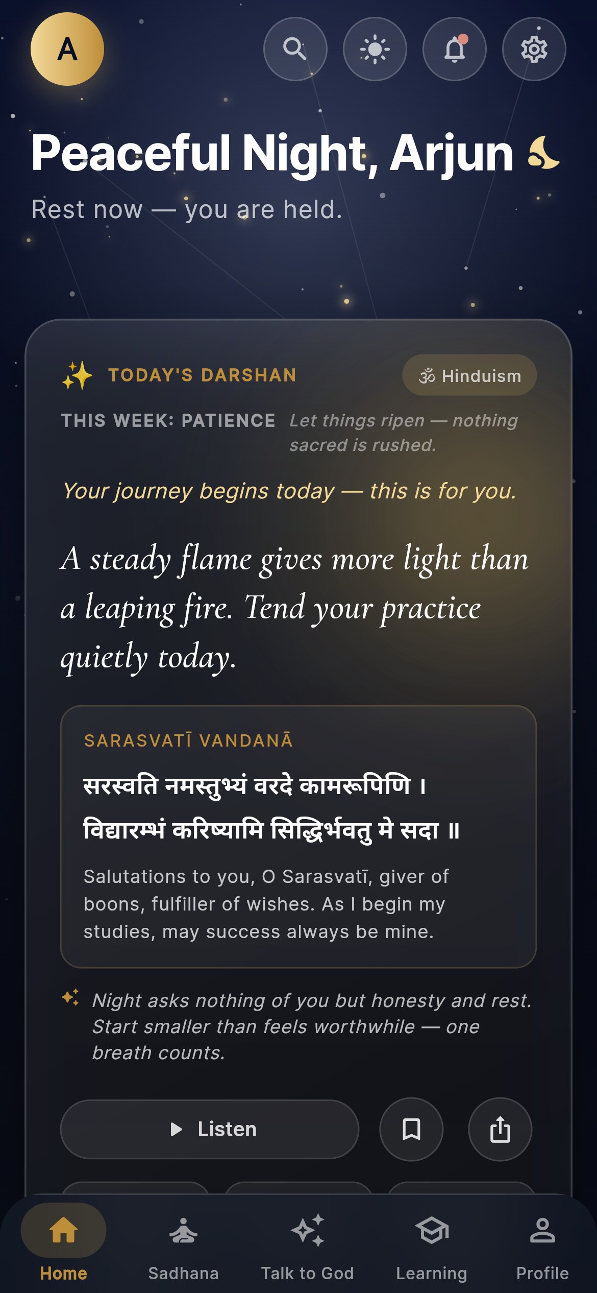SattvAI Home: a starry night sky, a warm greeting, the gold Today's Practice banner, and the day's sacred message with Listen, Save, and Share
