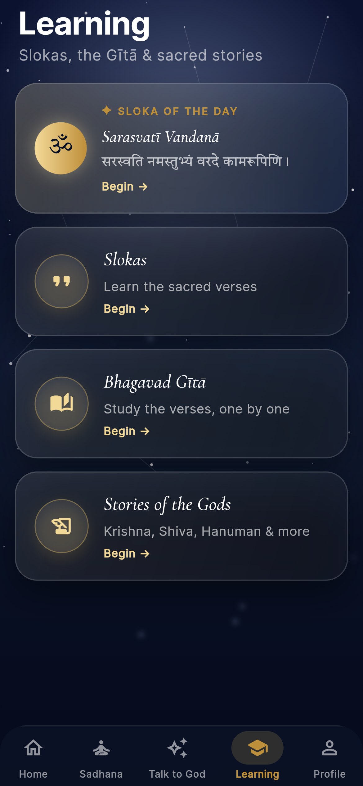 Learning: the Sloka of the Day in Sanskrit, the Bhagavad Gita course, shlokas, and Stories of the Gods