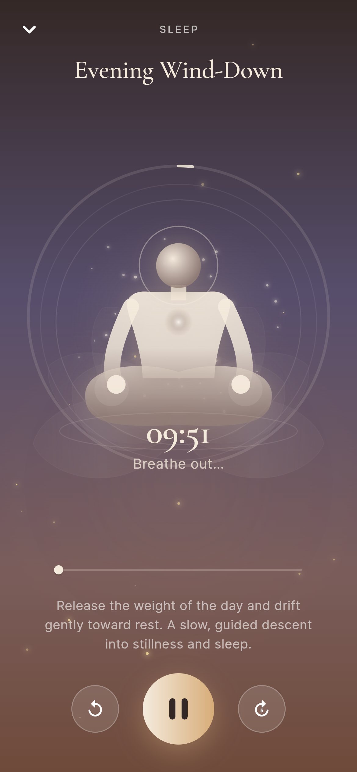A guided session: a glowing meditator sitting in lotus pose breathing with you, the countdown, and Breathe out