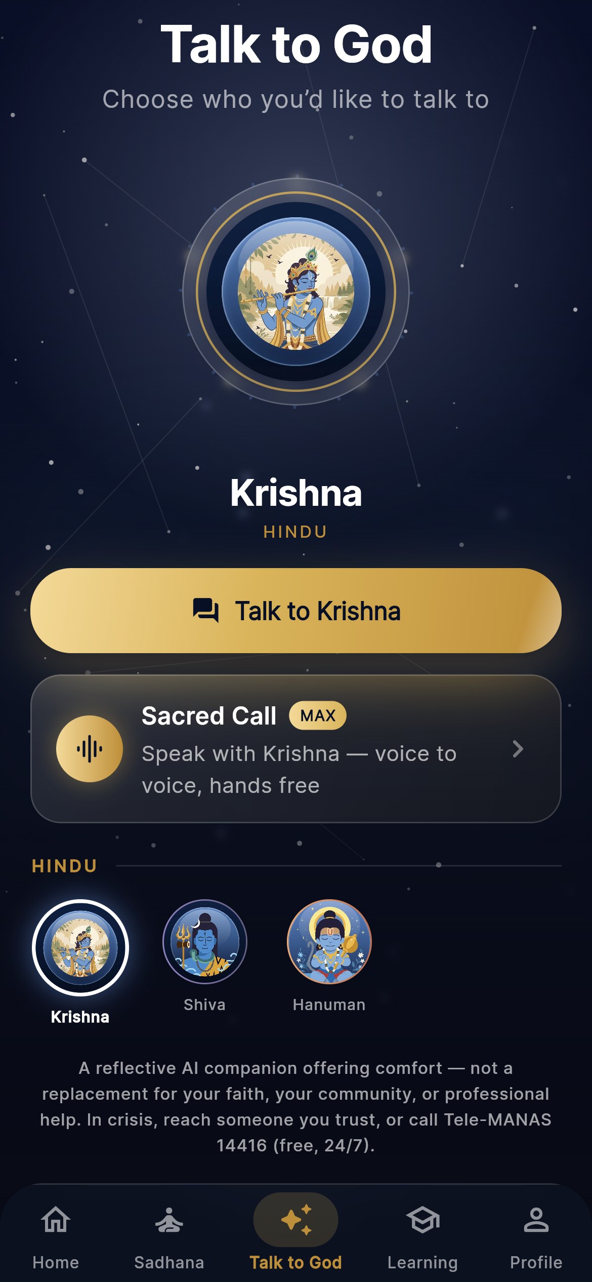 Talk to God: Krishna's portrait in a glowing aura with Talk to Krishna and Sacred Call, Shiva and Hanuman below